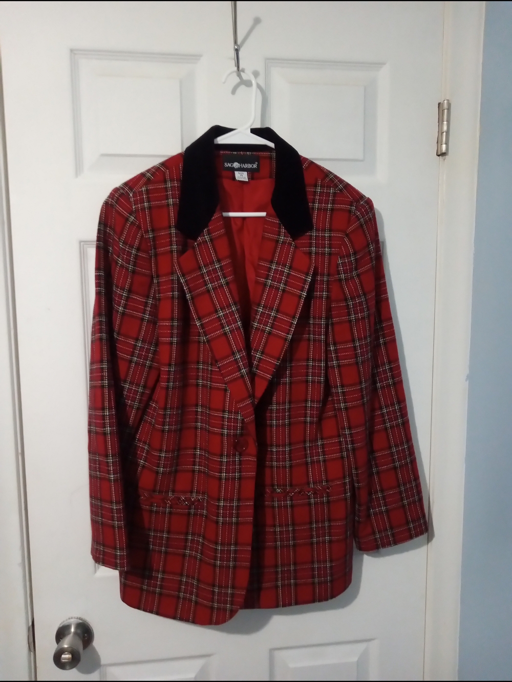Sag Harbor Red Plaid Wool Blend Blazer with Black Collar